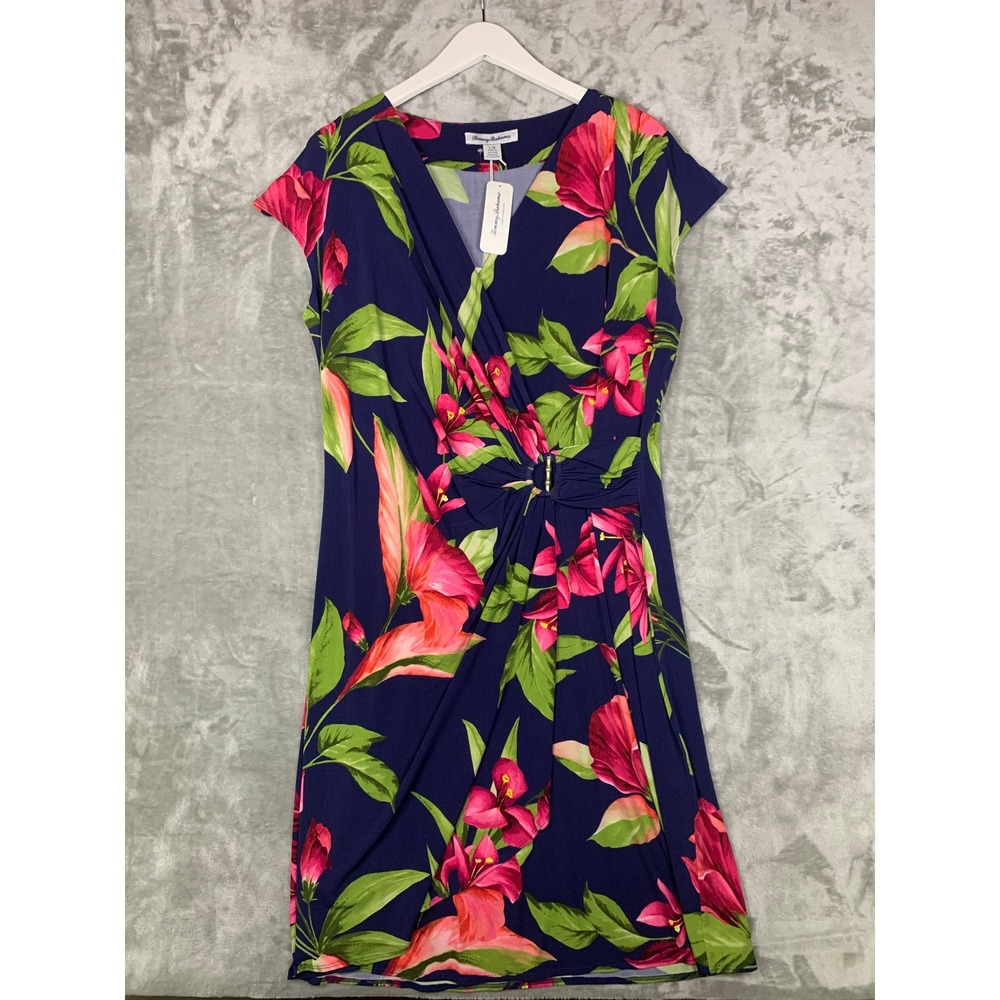Tommy Bahama Clara Dress Lavish Blooms Island Navy Floral Ruched L Resort NEW